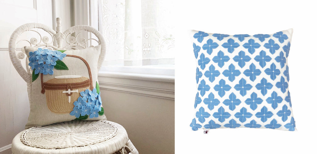 Blue Hydrangea Pillow with Nantucket Lightship Basket made from wool felt applique 