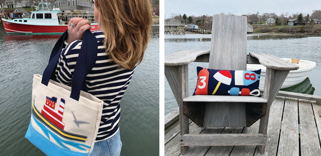 Nautical buoy lumbar pillow with bright colors on navy blue cotton by Cheeky Monkey Home