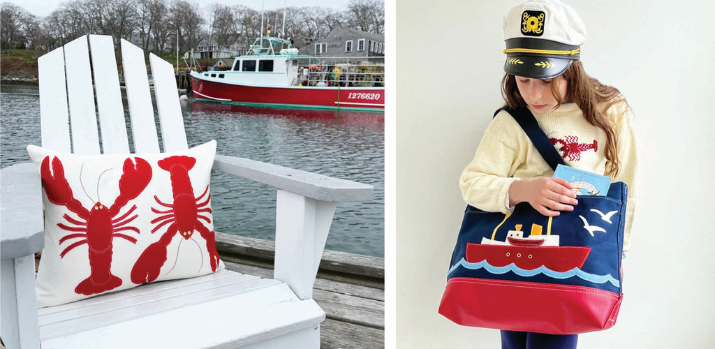 Nautical Lobster throw pillow in Red and White and Nantucket Lightship canvas tote bag with waterproof red vinyl base by Cheeky Monkey Home