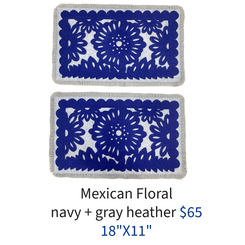 Mexican Floral Garland Pillow - Navy + Heather Gray