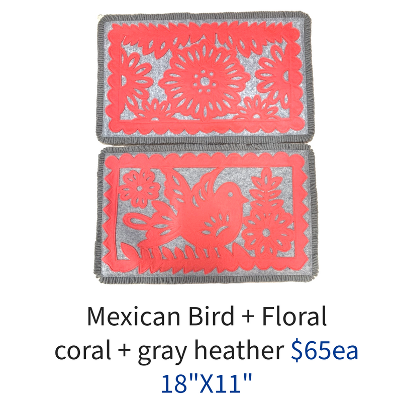 Mexican Floral + Bird Garland Pillow - Coral + Heather Gray
