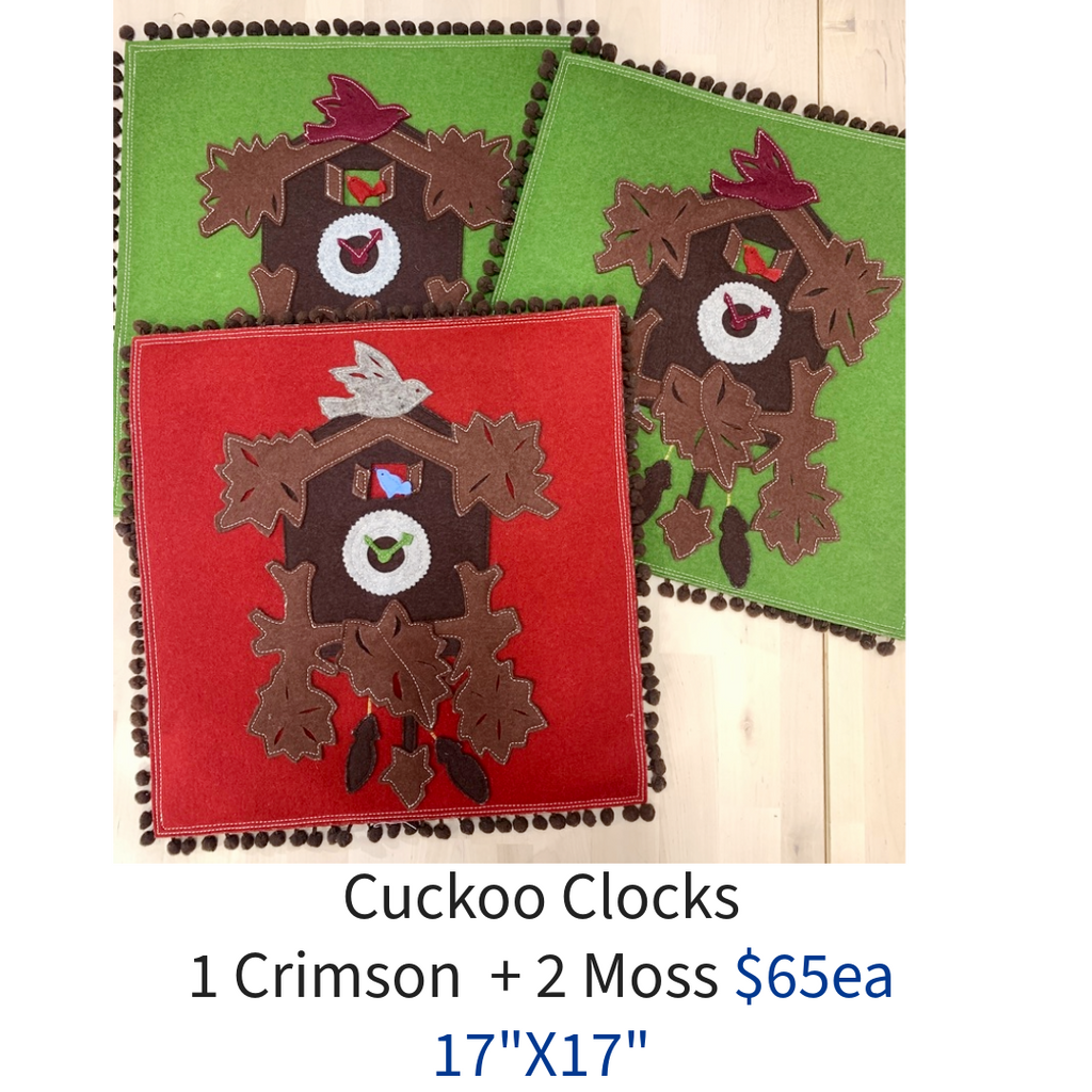 Cuckoo Clock Pillow - Crimson Red and Moss Green