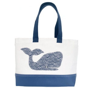 Tote Bag - Wave Pattern Whale - Natural + Navy