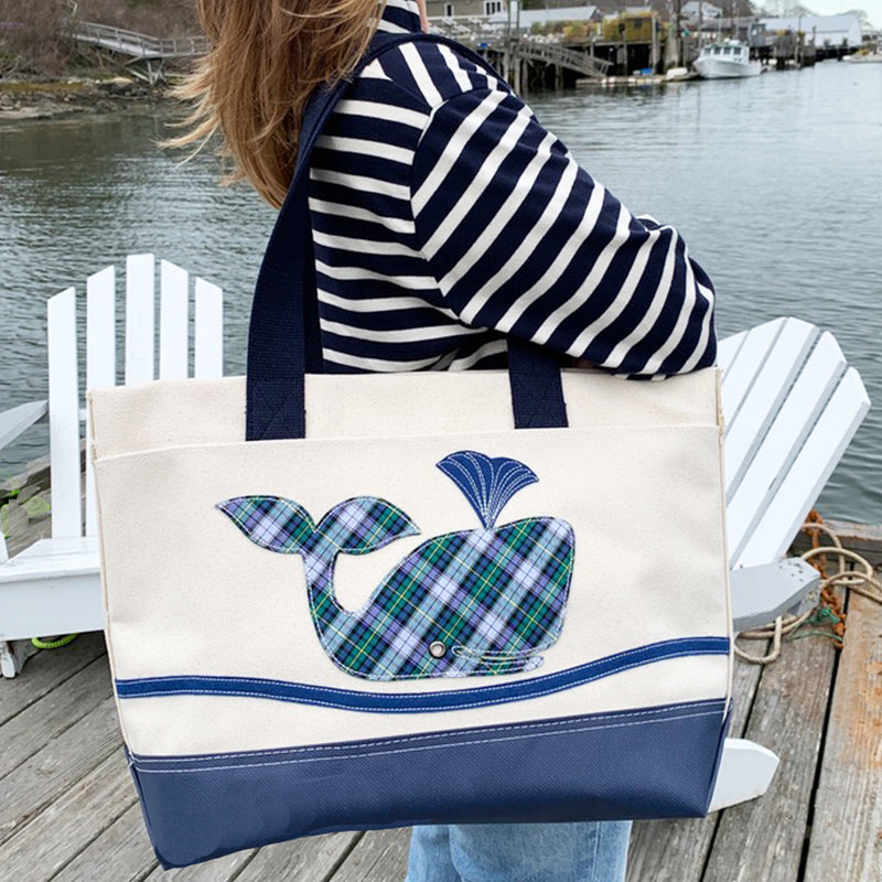 Tote Bag - Plaid Whale - Natural + Navy