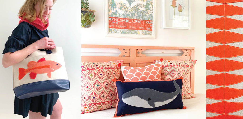 Coral Fish Tote Bag  Humpback Whale Pillow in Navy with Coral Trim by Cheeky Monkey Home
